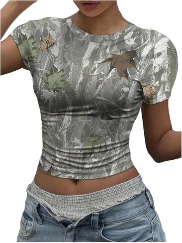 نساء Y2K Camo Maple Leaf Print Terts Tirts Crew Neck Short Sleve Tops Tops Grunge Out Out in Kuwait