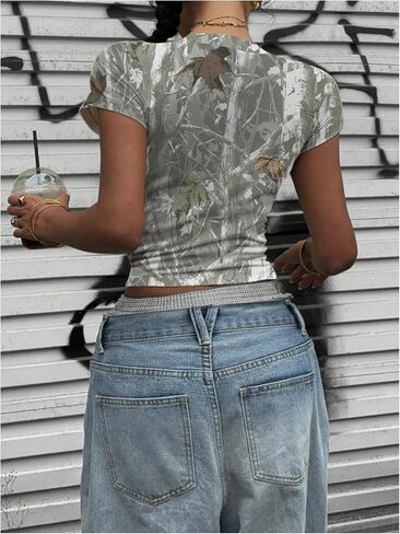نساء Y2K Camo Maple Leaf Print Terts Tirts Crew Neck Short Sleve Tops Tops Grunge Out Out in Kuwait