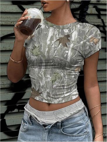 نساء Y2K Camo Maple Leaf Print Terts Tirts Crew Neck Short Sleve Tops Tops Grunge Out Out in Kuwait