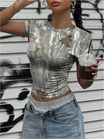 نساء Y2K Camo Maple Leaf Print Terts Tirts Crew Neck Short Sleve Tops Tops Grunge Out Out in Kuwait