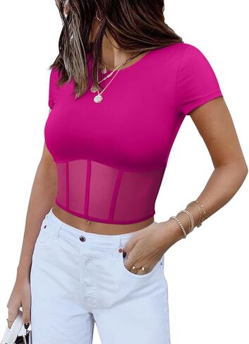 REORIA Women's Sexy Round Neck Short Sleeve Tees Summer Sheer Mesh T Shirt Trendy Y2K Going Out Crop Tops in Kuwait
