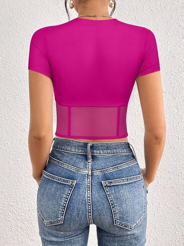 REORIA Women's Sexy Round Neck Short Sleeve Tees Summer Sheer Mesh T Shirt Trendy Y2K Going Out Crop Tops in Kuwait