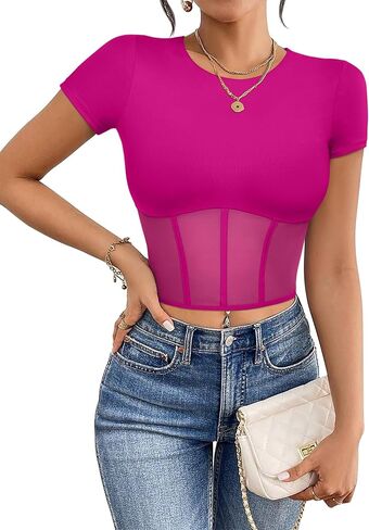 REORIA Women's Sexy Round Neck Short Sleeve Tees Summer Sheer Mesh T Shirt Trendy Y2K Going Out Crop Tops in Kuwait