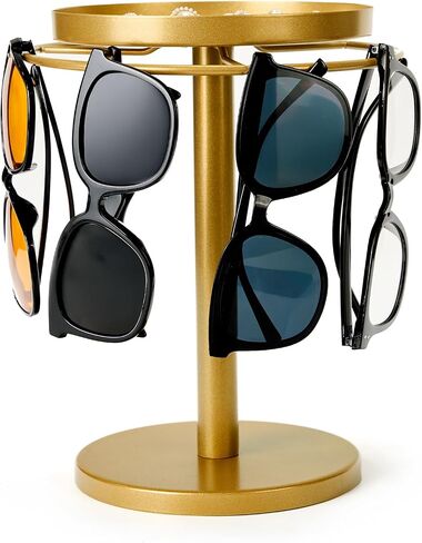 MoyRetty 360° Rotating Sunglasses Organizer - Stainless Steel Glasses Holder Stand with Jewelry Tray, Home Decor for Desk, Dresser & Nightstand(Gold) in Saudi Arabia