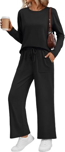 LILLUSORY Women's Sweatsuits 2 Piece Outfits Lounge Matching Sweat Sets Casual Sweatshirts Wide Leg Sweatpants Tracksuit Sets in Saudi Arabia