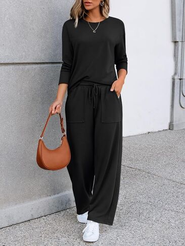 LILLUSORY Women's Sweatsuits 2 Piece Outfits Lounge Matching Sweat Sets Casual Sweatshirts Wide Leg Sweatpants Tracksuit Sets in Saudi Arabia
