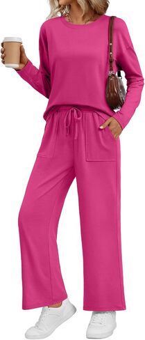 LILLUSORY Women's Sweatsuits 2 Piece Outfits Lounge Matching Sweat Sets Casual Sweatshirts Wide Leg Sweatpants Tracksuit Sets in Saudi Arabia
