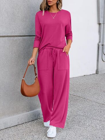 LILLUSORY Women's Sweatsuits 2 Piece Outfits Lounge Matching Sweat Sets Casual Sweatshirts Wide Leg Sweatpants Tracksuit Sets in Saudi Arabia