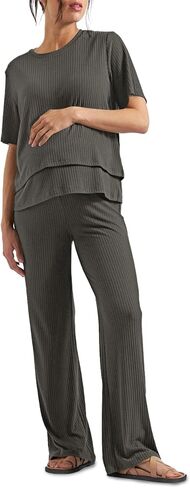 Tankaneo Womens Postpartum Maternity Pajamas 2 Piece Sets Rib Short Sleeve Nursing Tops and Elastic Waist Pants Loungewear in Kuwait