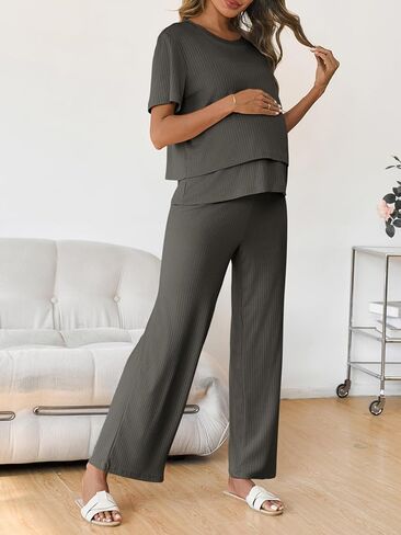 Tankaneo Womens Postpartum Maternity Pajamas 2 Piece Sets Rib Short Sleeve Nursing Tops and Elastic Waist Pants Loungewear in Kuwait