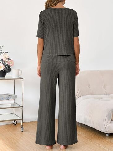 Tankaneo Womens Postpartum Maternity Pajamas 2 Piece Sets Rib Short Sleeve Nursing Tops and Elastic Waist Pants Loungewear in Kuwait