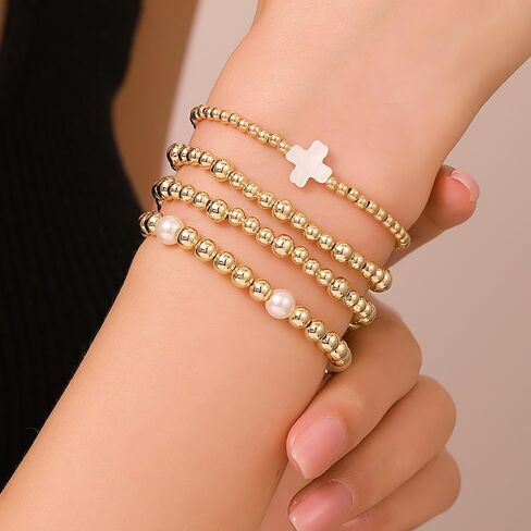 Gold Beaded Bracelets for Women - 14K Gold Plated Bracelets Gold Stretch Bead Ball Bracelet stack Set Adjustable Bracelet Set Jewelry for Gifts in Saudi Arabia