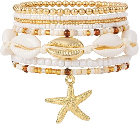 Shell Bracelet Boho Beaded Stretch Bracelets for Women Seashell Summer Beach Bracelets Starfish Charm Bracelet Stackable Gold Pearl Beads Bracelets for Women Jewelry Accessories Gifts in Saudi Arabia