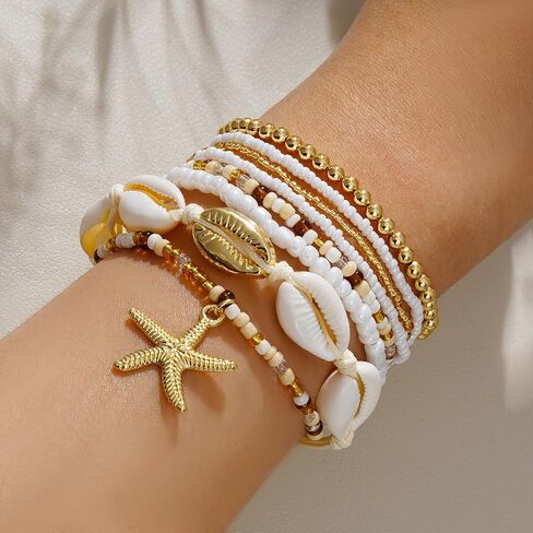 Shell Bracelet Boho Beaded Stretch Bracelets for Women Seashell Summer Beach Bracelets Starfish Charm Bracelet Stackable Gold Pearl Beads Bracelets for Women Jewelry Accessories Gifts in Saudi Arabia