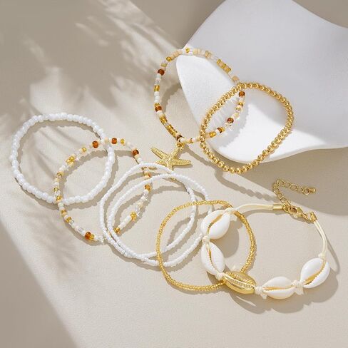 Shell Bracelet Boho Beaded Stretch Bracelets for Women Seashell Summer Beach Bracelets Starfish Charm Bracelet Stackable Gold Pearl Beads Bracelets for Women Jewelry Accessories Gifts in Saudi Arabia