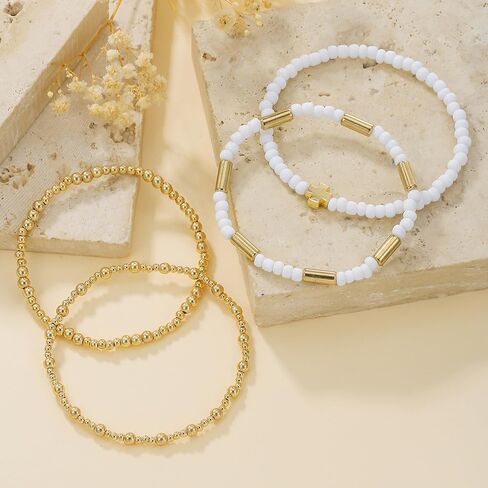 Gold Beaded Bracelets for Women - 14K Gold Plated Bracelets Gold Stretch Bead Ball Bracelet stack Set Adjustable Bracelet Set Jewelry for Gifts in Saudi Arabia