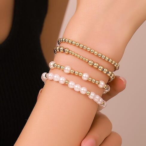 Gold Beaded Bracelets for Women - 14K Gold Plated Bracelets Gold Stretch Bead Ball Bracelet stack Set Adjustable Bracelet Set Jewelry for Gifts in Saudi Arabia