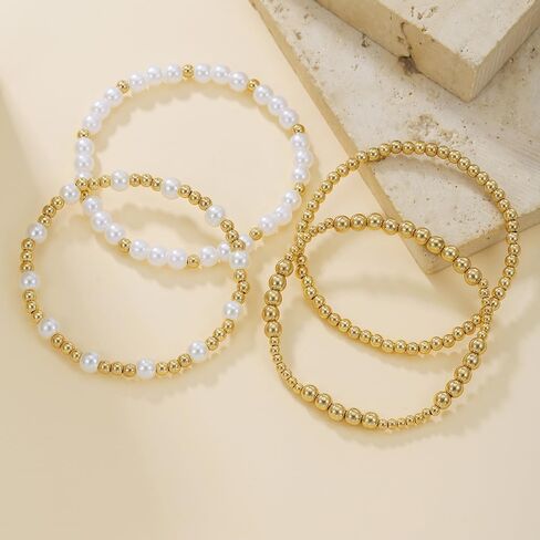 Gold Beaded Bracelets for Women - 14K Gold Plated Bracelets Gold Stretch Bead Ball Bracelet stack Set Adjustable Bracelet Set Jewelry for Gifts in Saudi Arabia