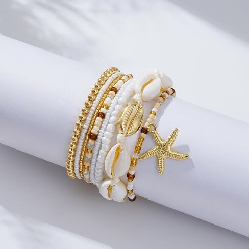 Shell Bracelet Boho Beaded Stretch Bracelets for Women Seashell Summer Beach Bracelets Starfish Charm Bracelet Stackable Gold Pearl Beads Bracelets for Women Jewelry Accessories Gifts in Saudi Arabia