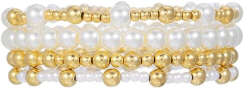 Gold Beaded Bracelets for Women - 14K Gold Plated Bracelets Gold Stretch Bead Ball Bracelet stack Set Adjustable Bracelet Set Jewelry for Gifts in Saudi Arabia