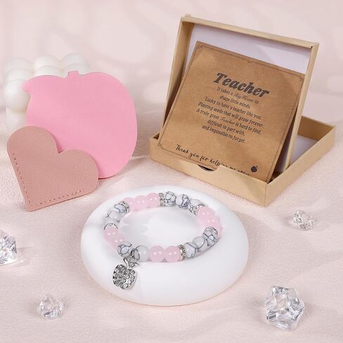 Teacher Appreciation Gifts Personalized Natural Stone Apple Bracelet Cute Leather Heart Corner Bookmarks Apple-Shaped Sticky Notes Thank You Gifts for Teacher with Message Card in Saudi Arabia