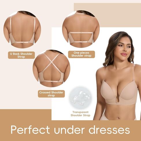 JOYSHAPER Plunge Bras for Women Backless Push Up Bras Low Cut Padded Bras Shaper Convertible with Clear Straps Dress Bra in Saudi Arabia