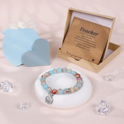 Teacher Appreciation Gifts Personalized Natural Stone Apple Bracelet Cute Leather Heart Corner Bookmarks Apple-Shaped Sticky Notes Thank You Gifts for Teacher with Message Card in Saudi Arabia
