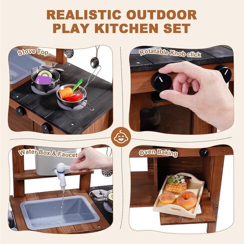 ROBUD Vintage Green Wooden Kitchen Sets for Kids Toddler, Pretend Play Kitchen with Working Ice Machine, Microwave Oven, Ages 3+ in Kuwait