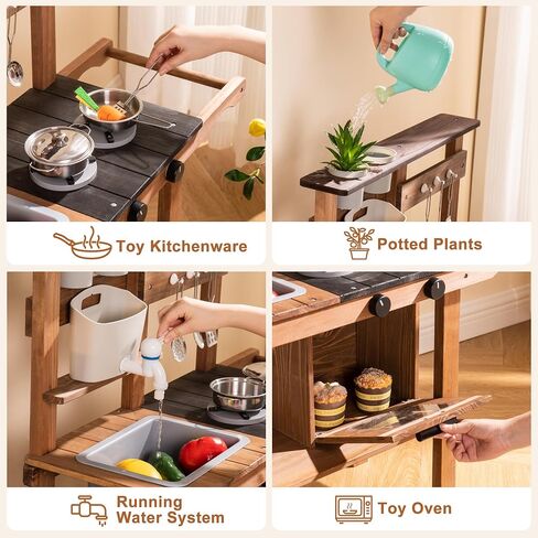 ROBUD Vintage Green Wooden Kitchen Sets for Kids Toddler, Pretend Play Kitchen with Working Ice Machine, Microwave Oven, Ages 3+ in Kuwait