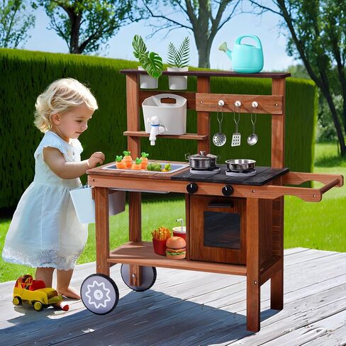 ROBUD Vintage Green Wooden Kitchen Sets for Kids Toddler, Pretend Play Kitchen with Working Ice Machine, Microwave Oven, Ages 3+ in Kuwait