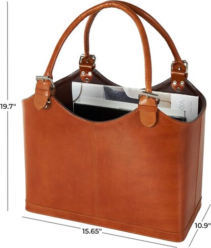 Deco 79 Leather Handmade Magazine Magazine Holder Box Style Single Slot Magazine Rack مع تفاصيل خياطة ومقابض مشبك منحنية ، حامل ملف 16 "× 11" × 20 "، براون in Kuwait
