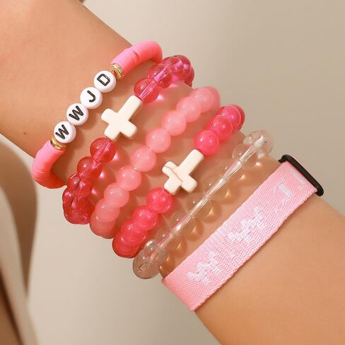 Christian Cross WWJD Bracelet Set WWJD Braided Rope Bracelet Cross Crystal Beads Stretch Bracelets Religious Christian What Would Jesus Do Handmade Woven Wristbands Bracelet in Saudi Arabia