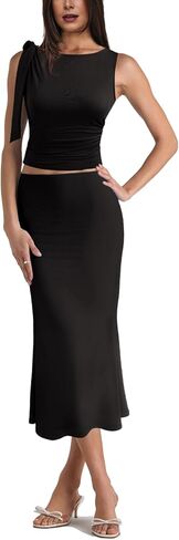 مجموعات من قطعتين للنساء y2k الخروج من الكشكش تقليم أعلى دبابات وخصر عالي Maxi Long Skirt Set Dress in Kuwait