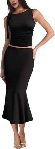 مجموعات من قطعتين للنساء y2k الخروج من الكشكش تقليم أعلى دبابات وخصر عالي Maxi Long Skirt Set Dress in Kuwait