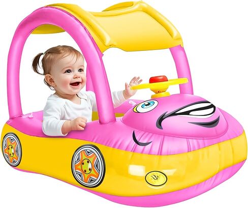 iGeeKid Baby عوامة حمام السباحة القابلة للنفخ مع مظلة، قارب عائم للسباحة على شكل سيارة مع مقعد آمن لمظلة الشمس للأطفال الصغار، حلقة سباحة للرضيع، عوامات الربيع، لعب صيفي على الشاطئ في الهواء الطلق (أزرق فاتح) in Kuwait
