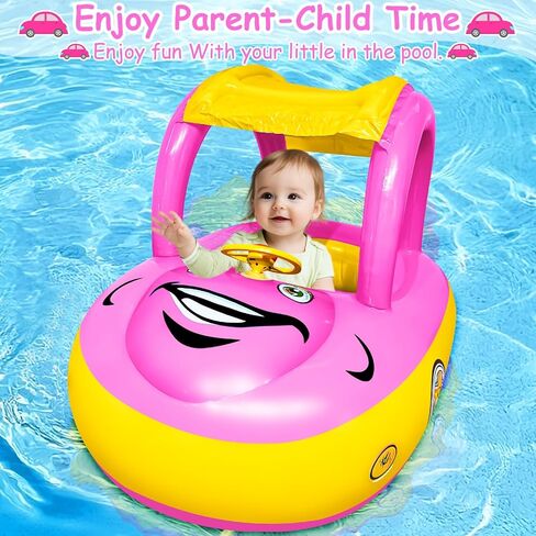 iGeeKid Baby عوامة حمام السباحة القابلة للنفخ مع مظلة، قارب عائم للسباحة على شكل سيارة مع مقعد آمن لمظلة الشمس للأطفال الصغار، حلقة سباحة للرضيع، عوامات الربيع، لعب صيفي على الشاطئ في الهواء الطلق (أزرق فاتح) in Kuwait