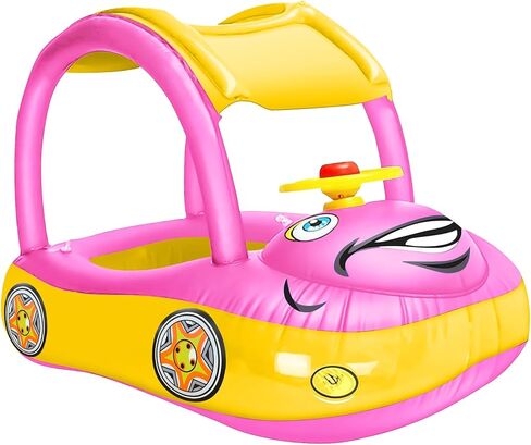 iGeeKid Baby عوامة حمام السباحة القابلة للنفخ مع مظلة، قارب عائم للسباحة على شكل سيارة مع مقعد آمن لمظلة الشمس للأطفال الصغار، حلقة سباحة للرضيع، عوامات الربيع، لعب صيفي على الشاطئ في الهواء الطلق (أزرق فاتح) in Kuwait