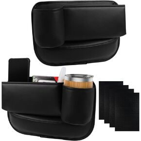 2 Pack car Leather Cup Holder Gap Bag, 3.2 inch Cup Holder car seat Gap Filler Organizer, for Storing Mobile Phones, Keys, Sunglasses, Cards, Comes with Anti-Slip pad(Driver + Passenger, Black)