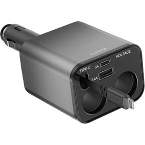 5 in 1 Cigarette Lighter Adapter Built-in Lightning Retractable Cable, 2-Socket Cigarette Lighter Splitter with LED Voltmeter, 234W USB C Car Charger Fast Charge for All Car Devices