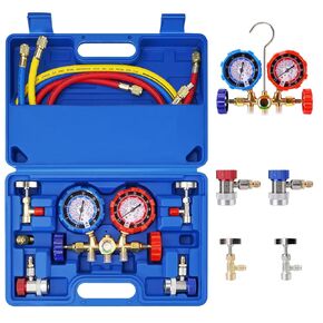 AC Gauges, AC Manifold Gauge Set for R134a R12 R22 R502, 3 Way Automotive AC Gauge Set with Antishock Gauges Hoses Couplers Adapter, Puncturing Can Tap Freon Recharge Kit