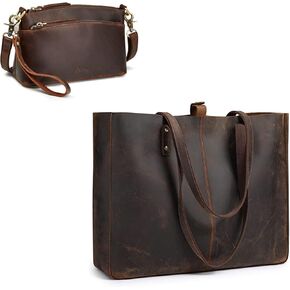 Women Vintage Genuine Leather Tote Bag with Small Leather Purse