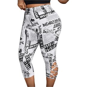 Wdirara Women's Plus Newspaper Print Print Leggings High Weist Capris Cut Out Pants Yoga