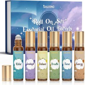 SALKING Essential Oils Roll On Set (6 Pack), Aromatherapy Oil with Roller Ball for Skin Use, Natural Fragrance Gift for Women and Men - Sandalwood, Eucalyptus, Peppermint, Lavender, Rose, Gardenia