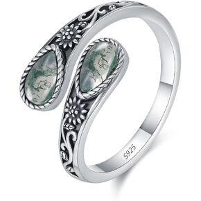 KiiKii Moss Agate Ring 925 Sterling Silver Adjustable Open Lotus/Sunflower/Butterfly Spoon Ring Statement Jewelry Birthday Gifts for Women
