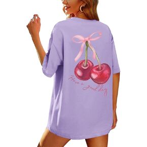 BINTEHGS Oversized Graphic Tees for Women Trendy Cherry Printed Shirt Cute Summer Aesthetic Cotton Tshirts Tops for Teens in Kuwait