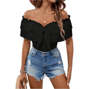 MakeMeChic Women's Short Sleeve Off Shoulder Tie Front Ruffle Layer Tee Shirts Tops
