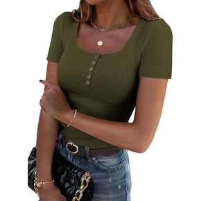 زيجو نساء الصيف قمم قصيرة الأكمام القمصان مضلعة مربع الرقبة مربع Tshirt