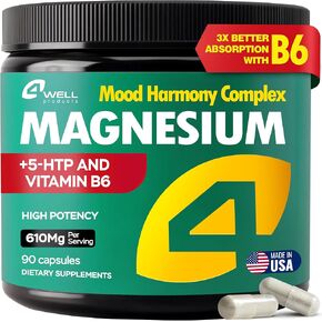 Advanced Magnesium Complex 610Mg - Magnesium Glycinate & Citrate with Vitamin B6 for 3X Absorption & 5-HTP - for Nerves, Bones, Muscles Health & Energy Support - Vegan - Non-GMO - 90 Capsules
