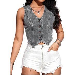 Floerns Women's Sleeveless Denim Vest Top Star Rhinestone Button Down Waistcoat