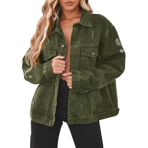 DvaeMalligo Women's Oversized Denim Jacket Casual Long Sleeve Button Down Distressed Trucker Jean Jackets with Pockets